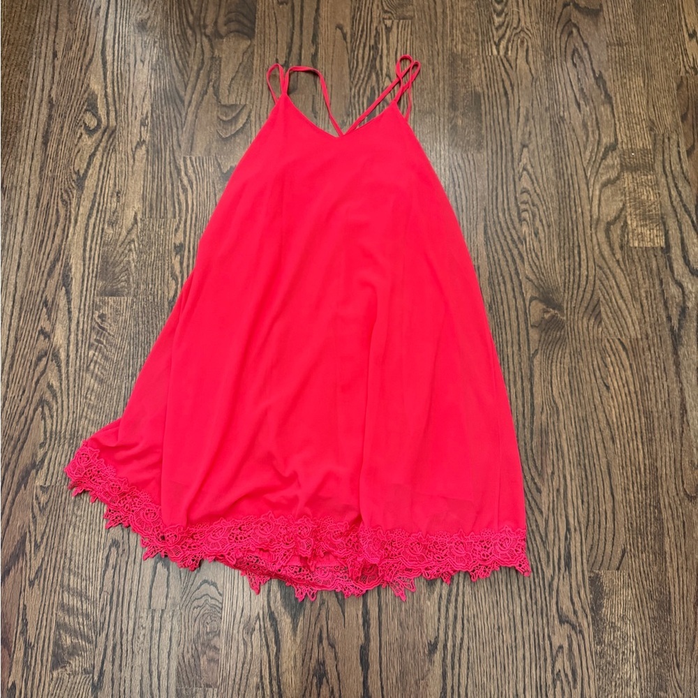 She & Sky Bright Coral Pink Lace Trim Slip Dress